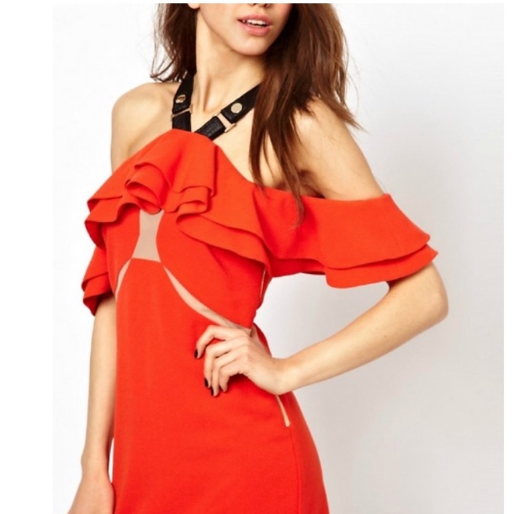 Three Floor cold shoulder cocktail dress with Faux Leather Straps
